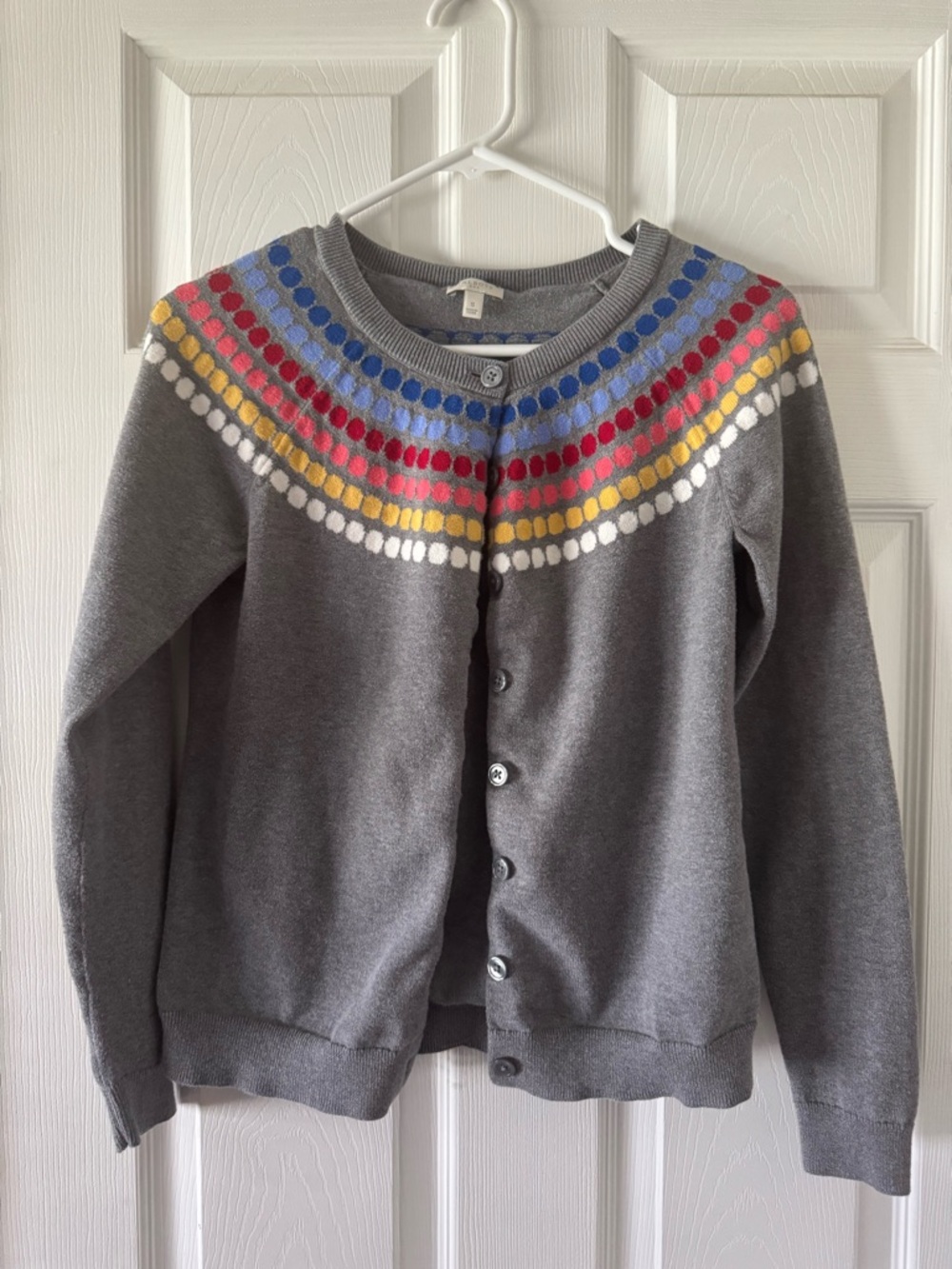 Talbots Gray Cardigan with Blue, Red, Yellow & White Yoke